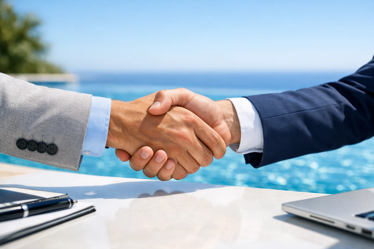 Professionals shaking hands by an infinity pool to finalize a successful pool route business sale.