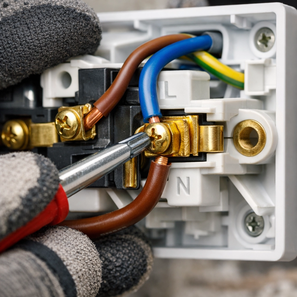 Professional emergency electrician in Bournemouth securing copper wiring connections in a UK electrical socket.