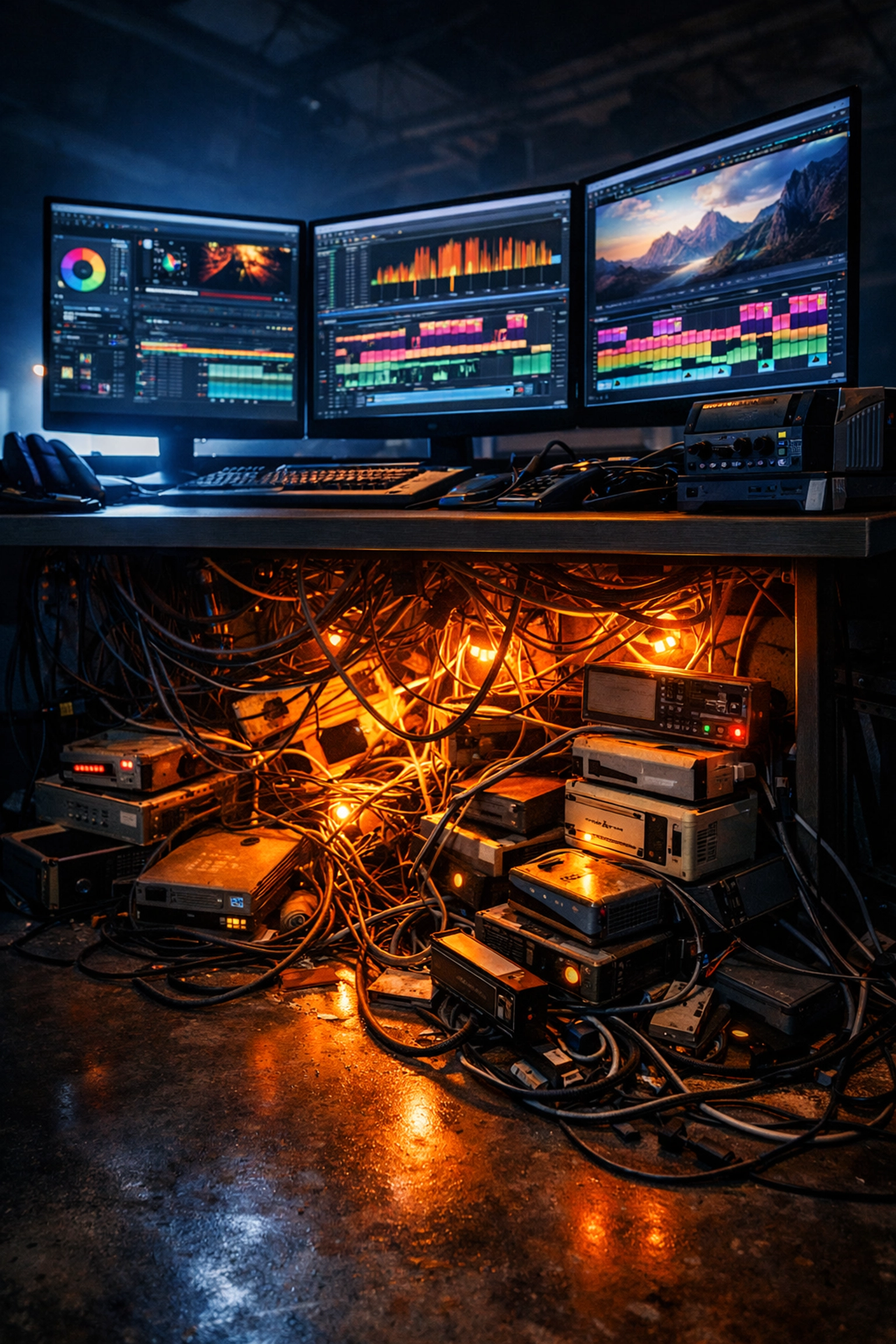 Video editing desk with messy cables and hard drives illustrating the burden of media infrastructure debt.