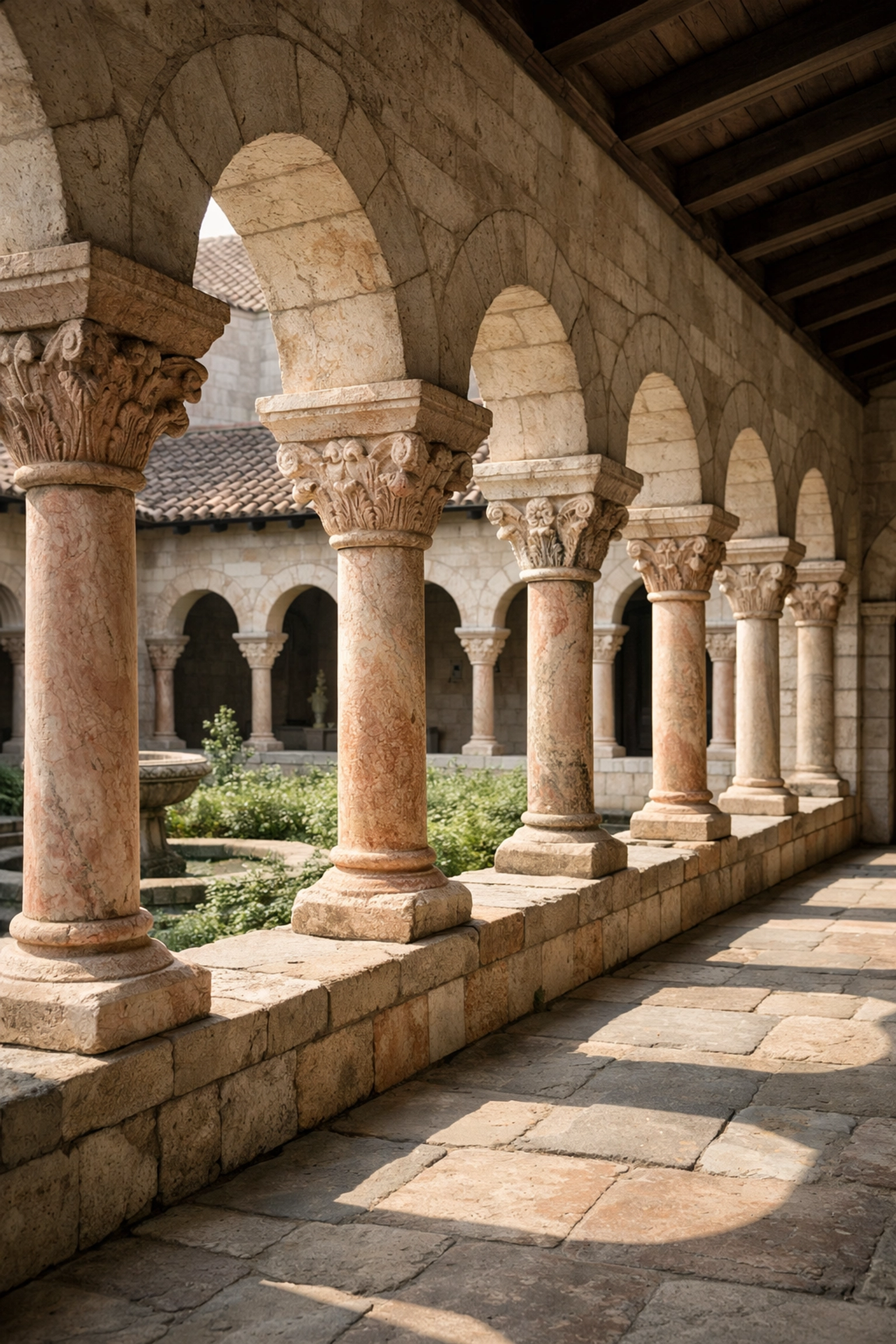 12th-century pink marble columns and Romanesque arches at the Cuxa Cloister, NYC museum tours.