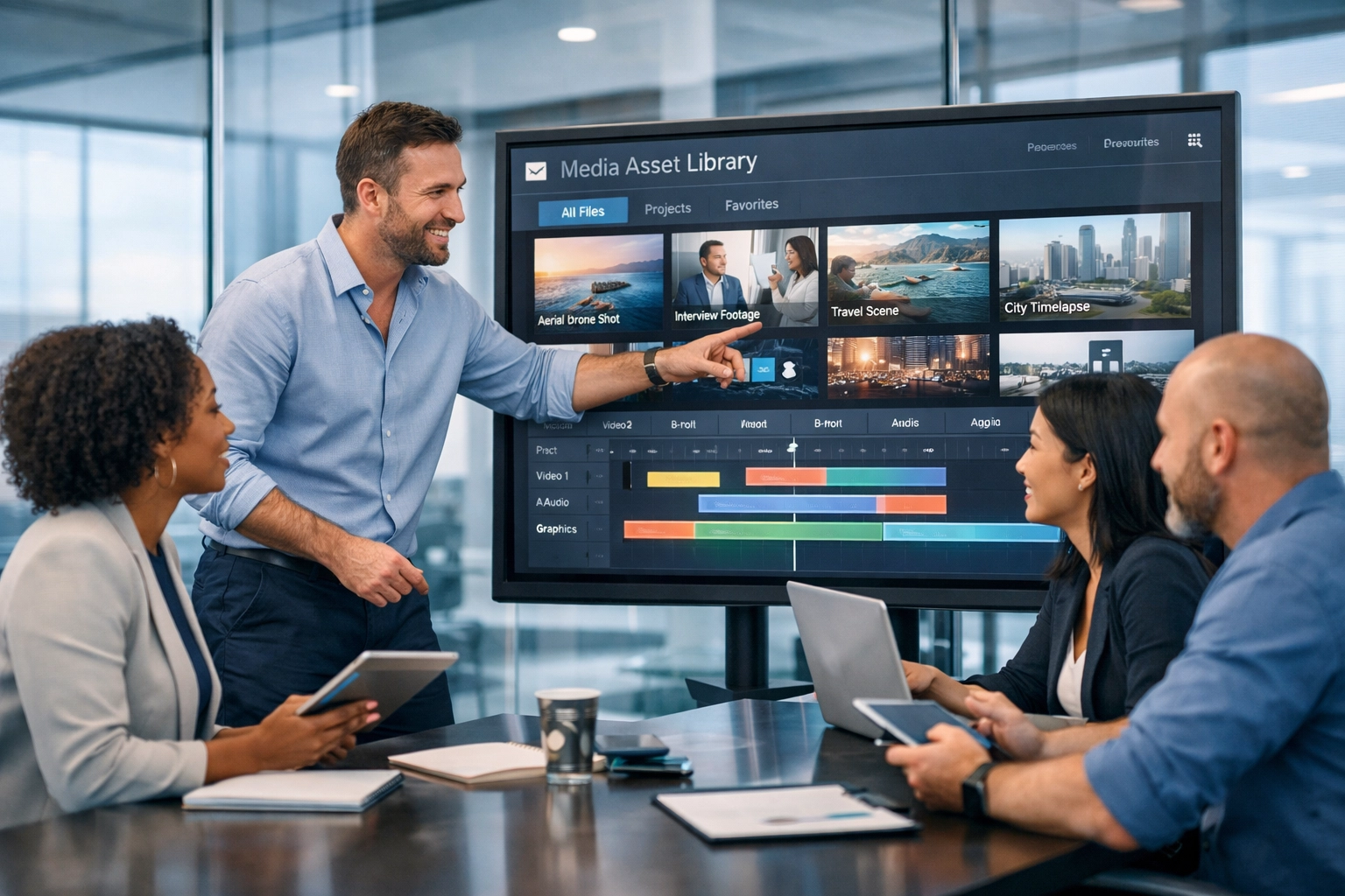 Team collaborating on media asset library using interactive display for content strategy