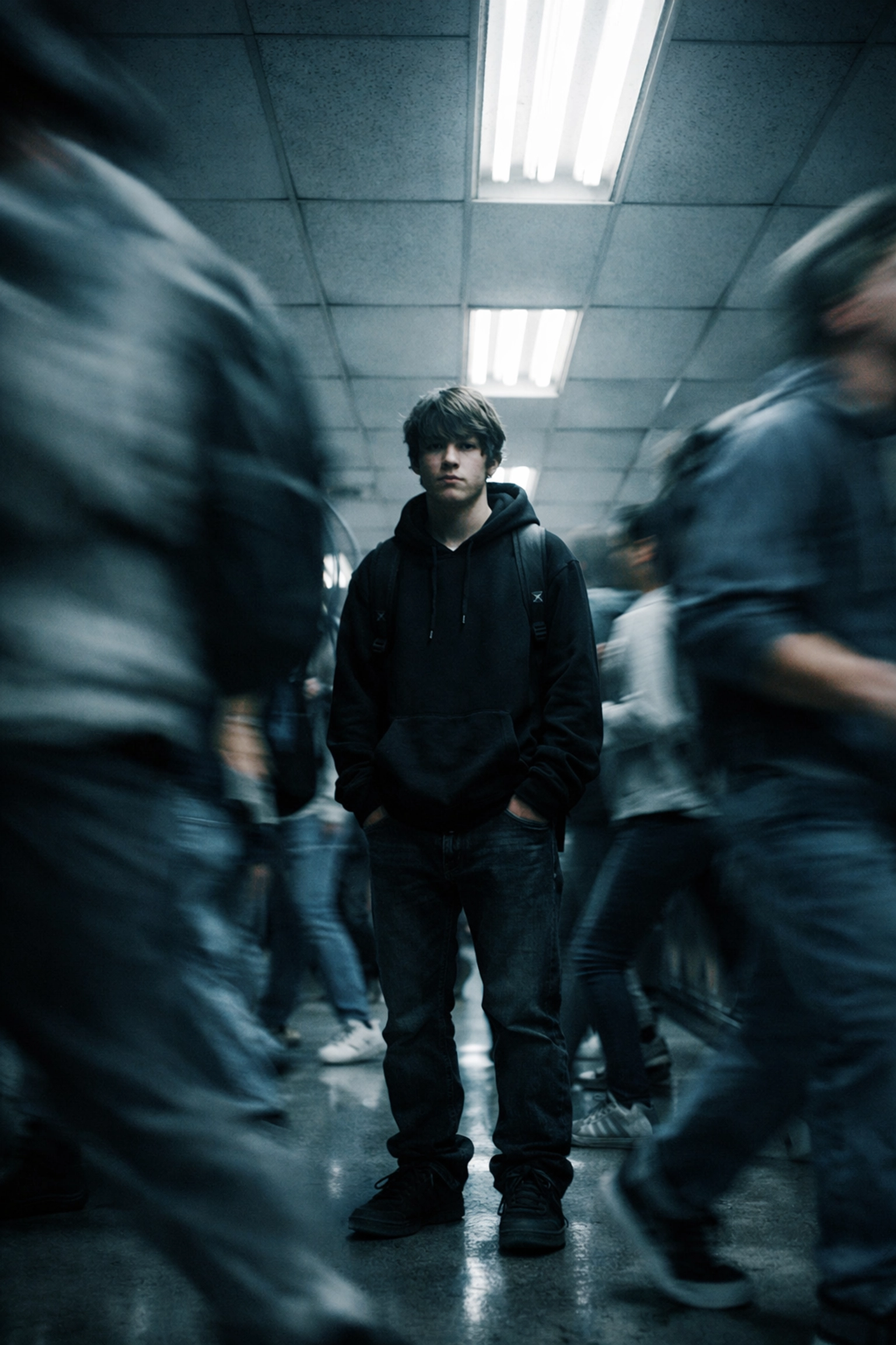 Neurodivergent teen experiencing sensory overload in crowded school hallway wearing weighted hoodie