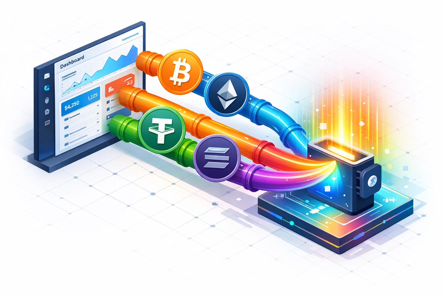 Multiple cryptocurrencies flowing into single merchant wallet showing 55+ coin payment support