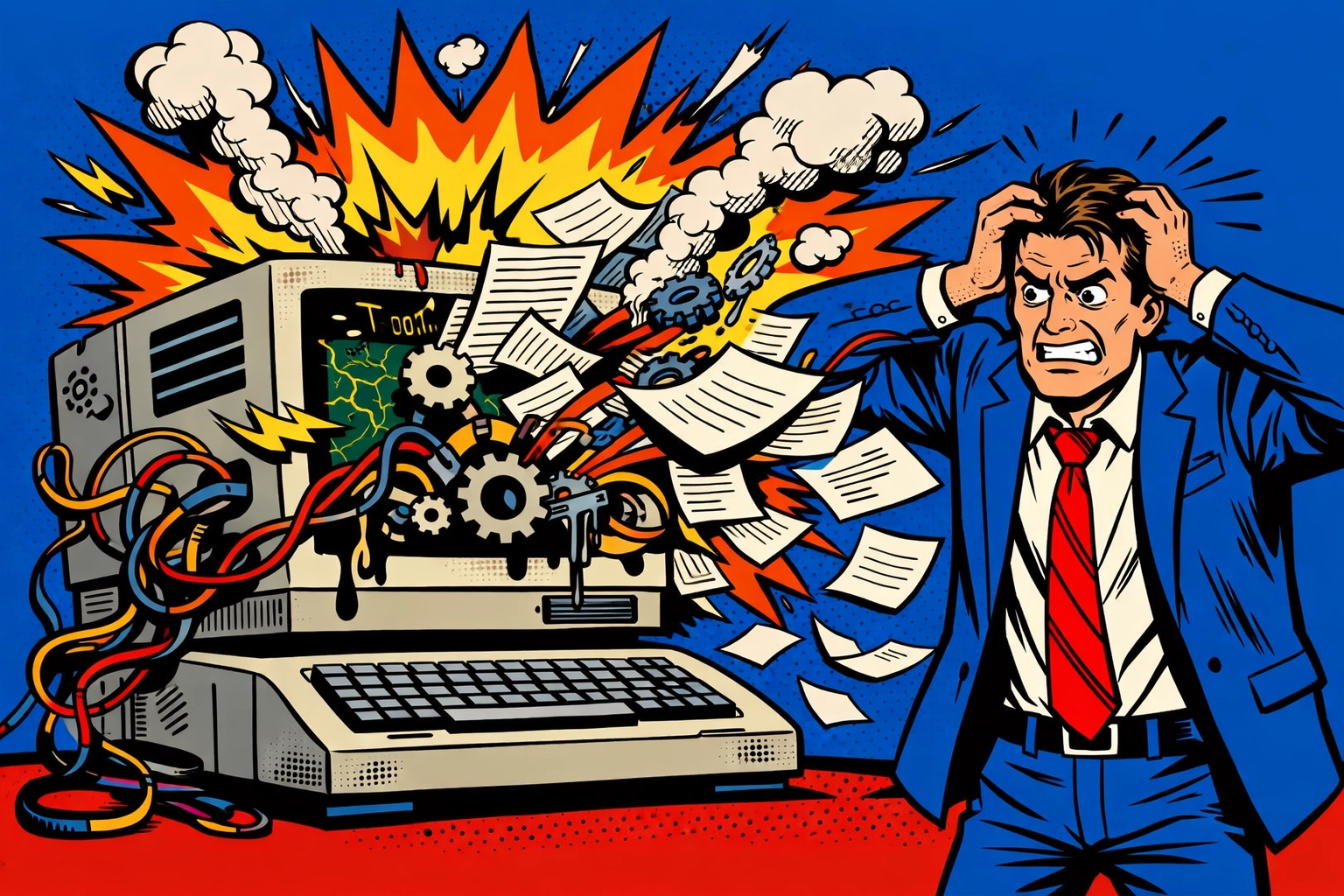 Pop art illustration of a business owner struggling with a broken computer and messy workflow automation.
