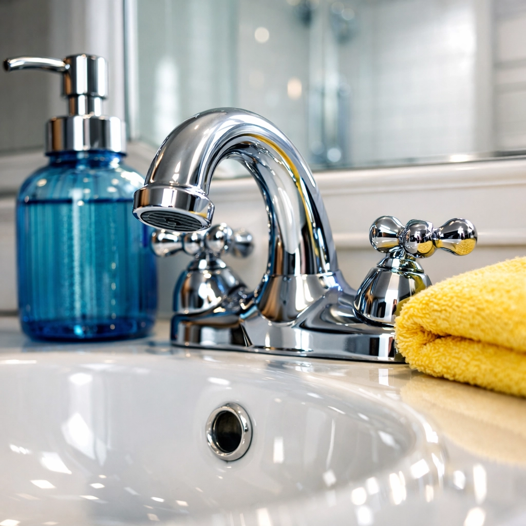 Spotless bathroom vanity in a Popponesset cottage after a detailed weekly house cleaning service.