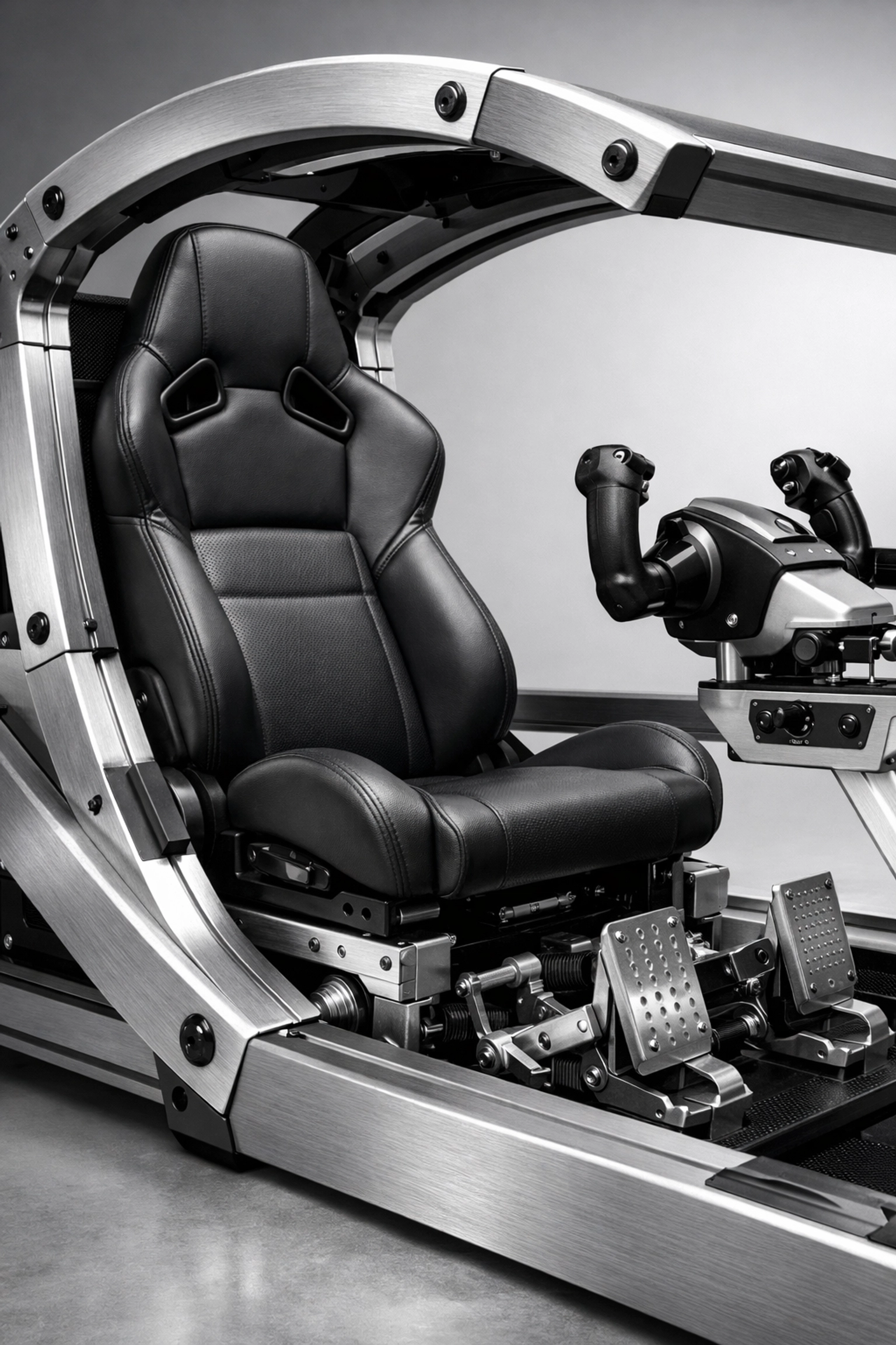 A professional VR simulation training module showing a ruggedized aluminum frame and modular controls.