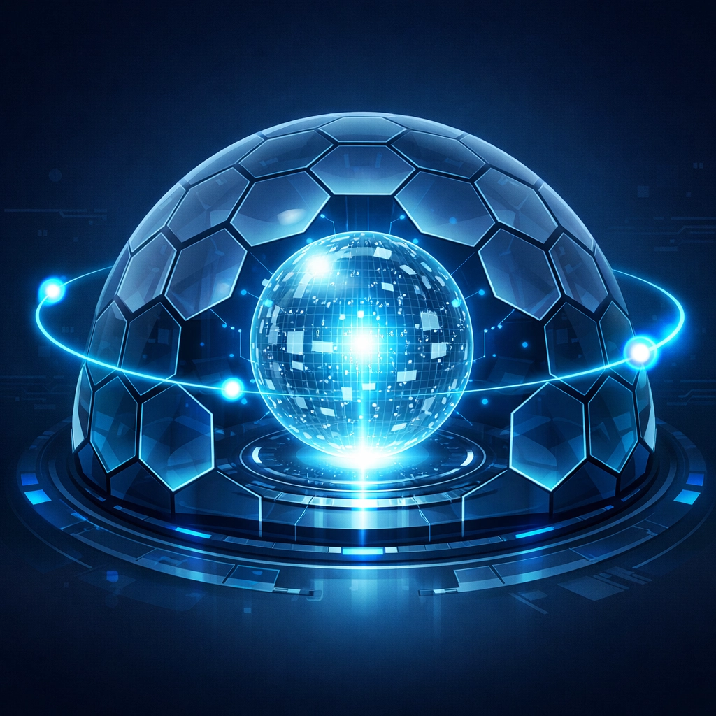 A glowing protective dome illustrating proactive network security monitoring and data integrity services.