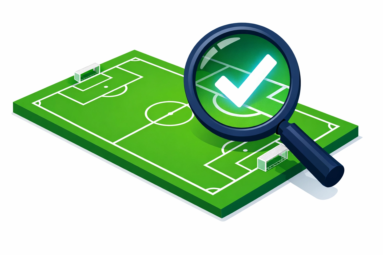 Magnifying glass over a football pitch symbolizing the discovery of value through betting analytics.