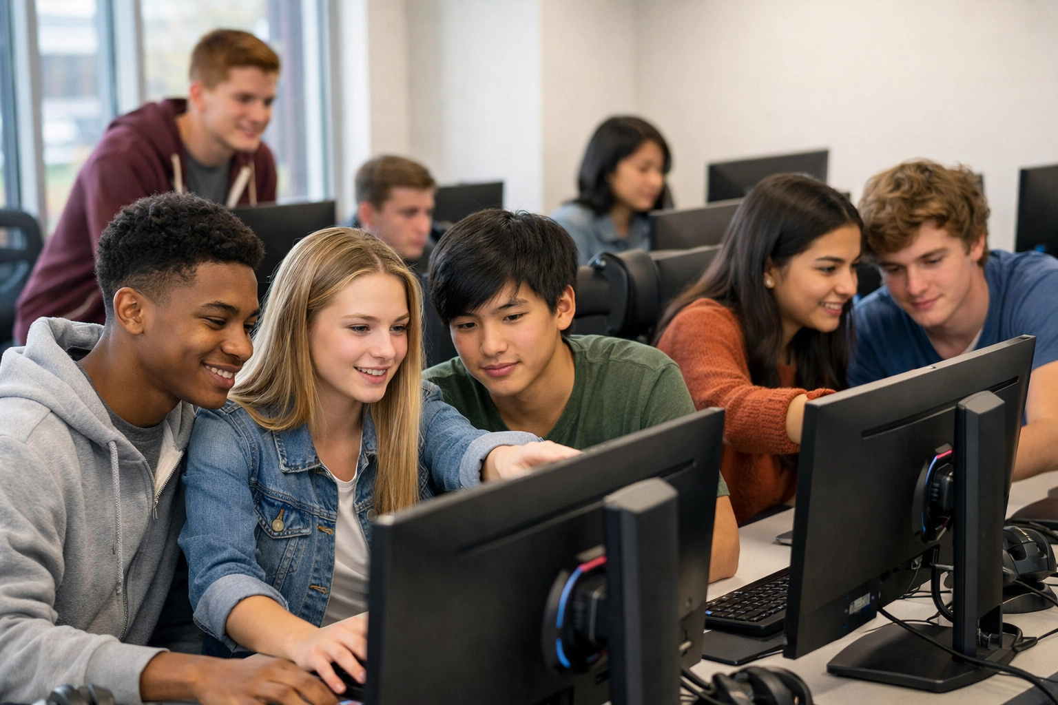 High school students collaborating on educational technology and esports programs in a modern computer lab.