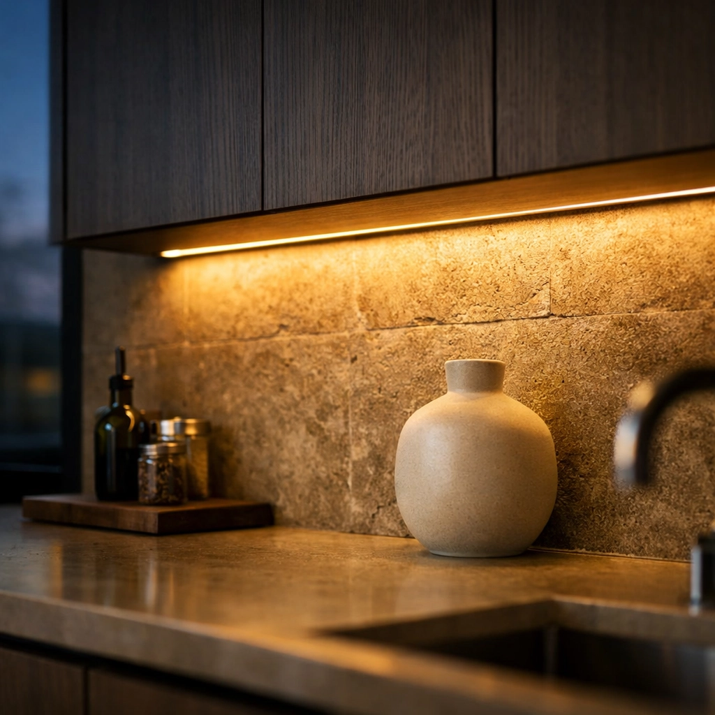 Warm 3000K LED under cabinet lighting illuminating a luxury residential kitchen with dark wood cabinets.