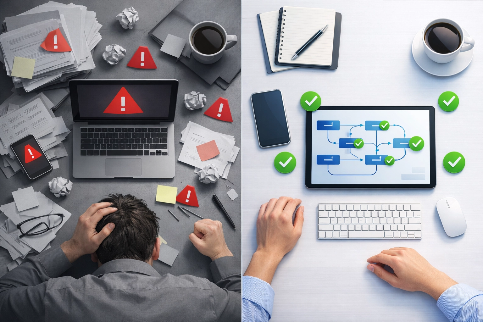 Comparison of manual workflow chaos versus efficient AI-powered automation productivity