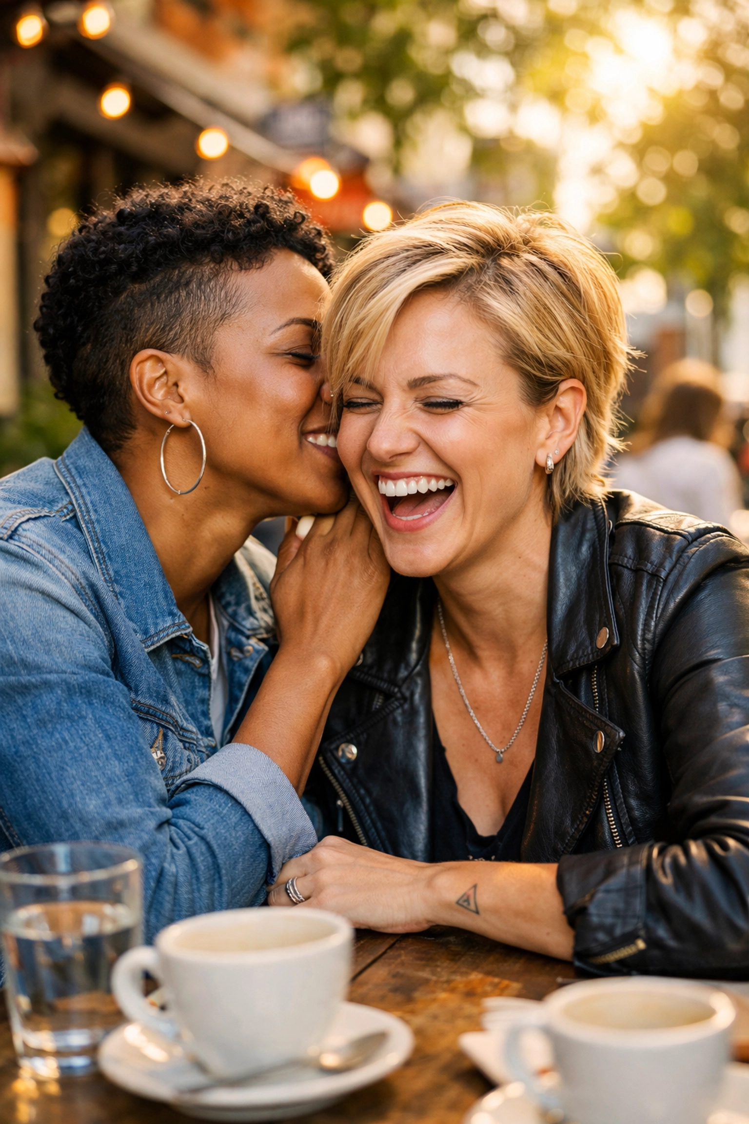 A lesbian couple laughing and embracing at a café, experiencing the joy of living authentically.
