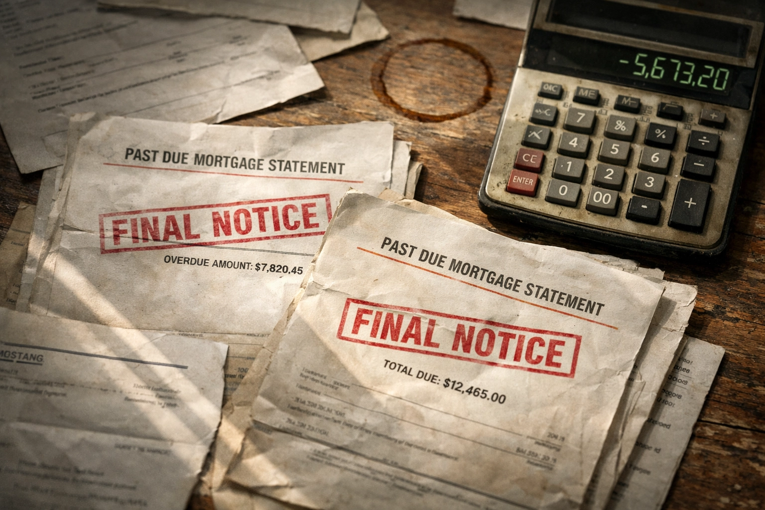 Past-due mortgage statements and foreclosure notices on desk in Nashville