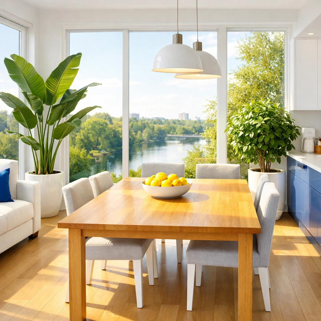 Eco-friendly house cleaning Cambridge MA in a bright, modern dining room near the Charles River.