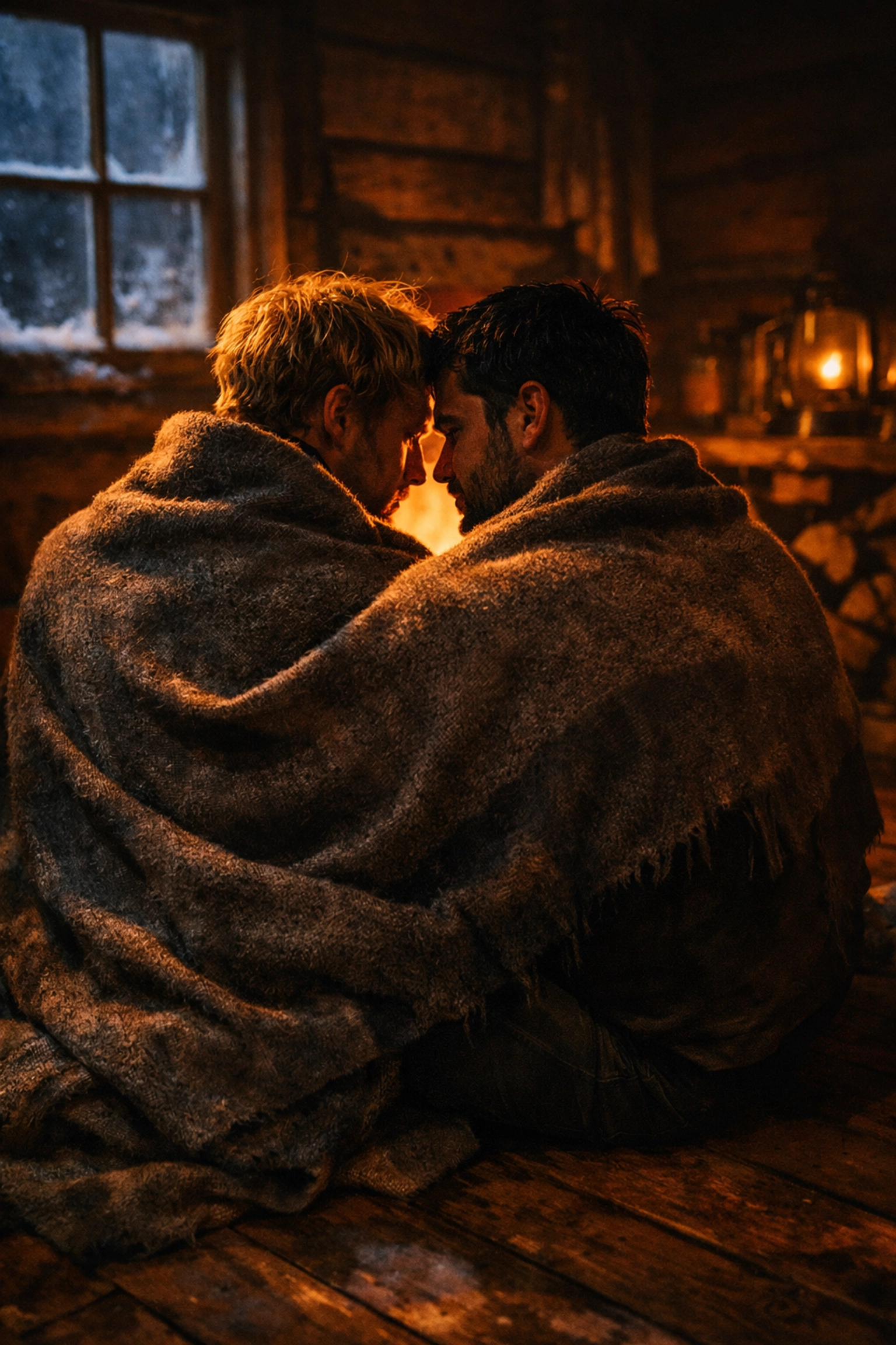 Two men sharing a blanket in a rustic cabin, illustrating the forced proximity trope in MM romance books.