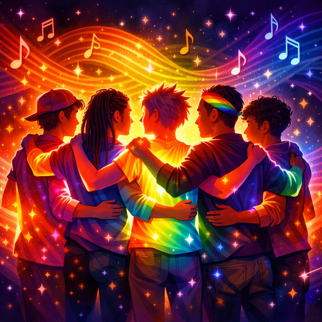 Diverse LGBTQ+ youth standing together in supportive circle with rainbow light