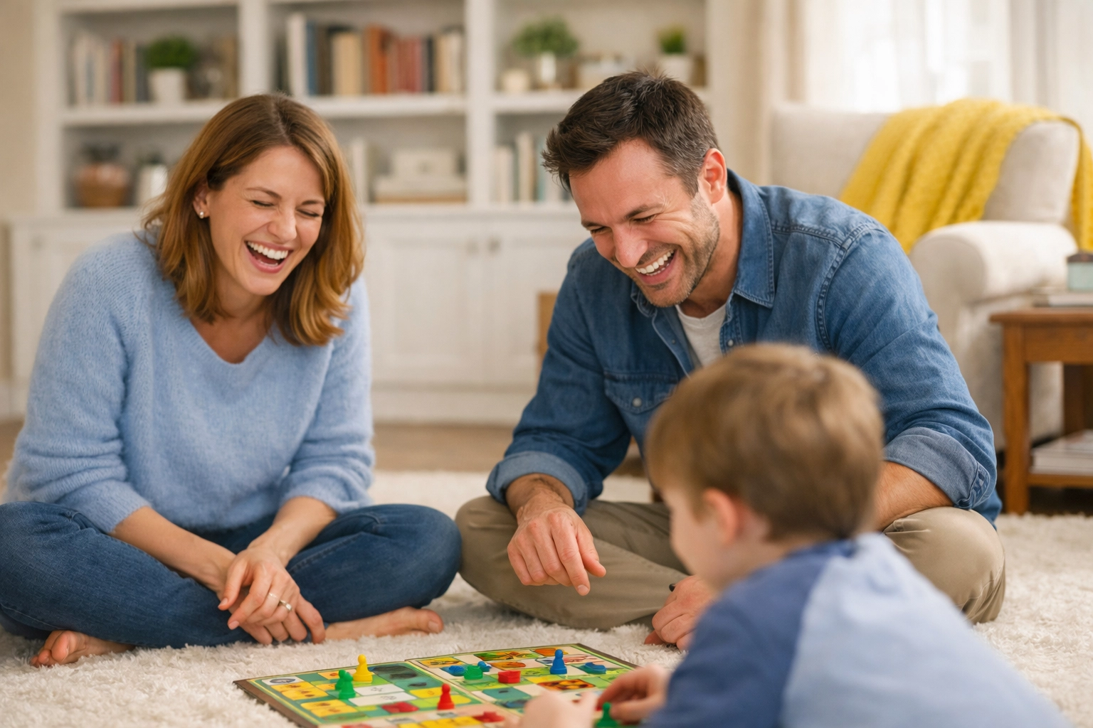 Medfield family enjoying a board game in a clean, dust-free home after their weekly house cleaning service.