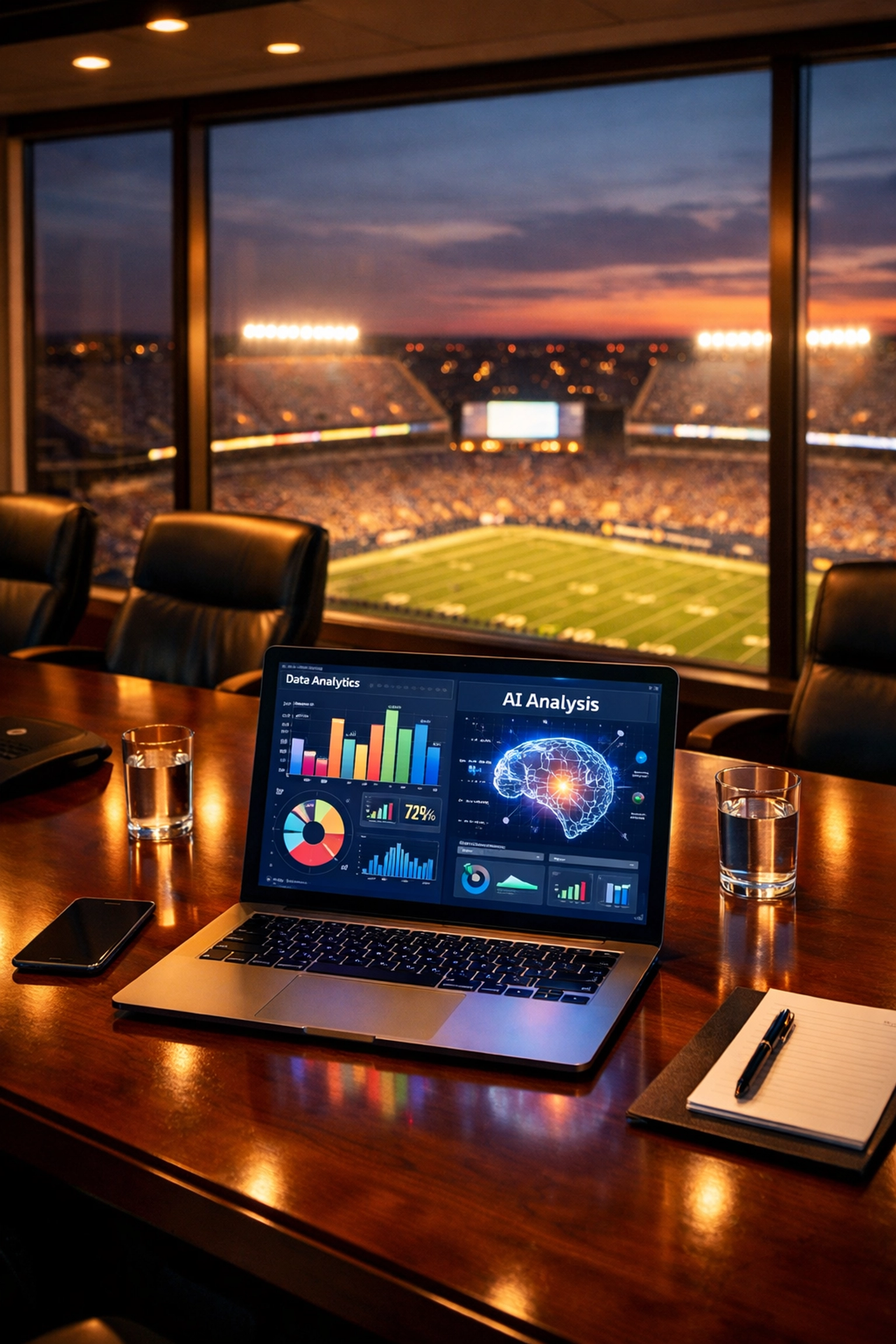 AI analytics dashboard for Super Bowl corporate hospitality management overlooking stadium