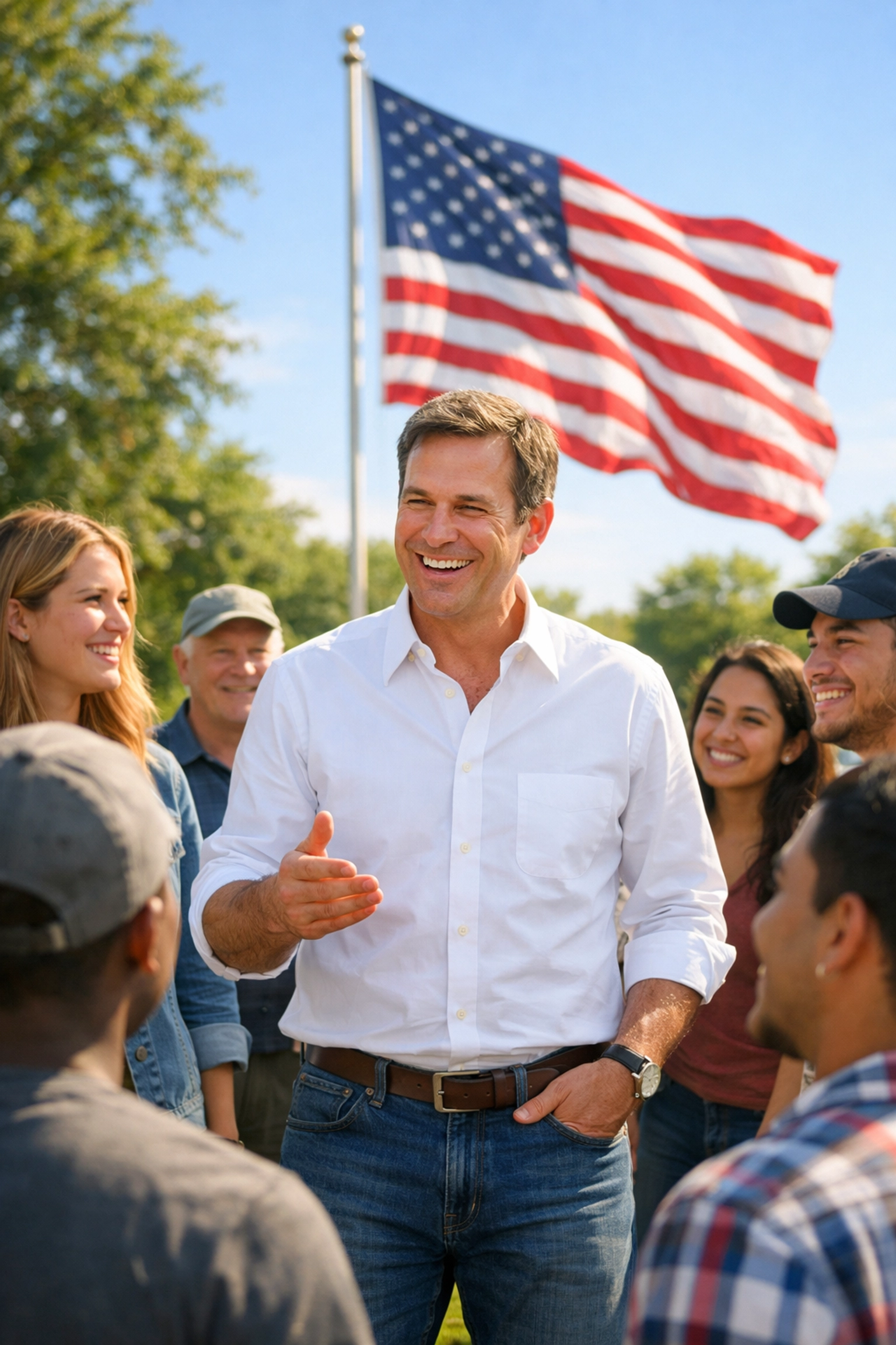 A CEO engaging with local citizens in a park to build community and share a clear mission.
