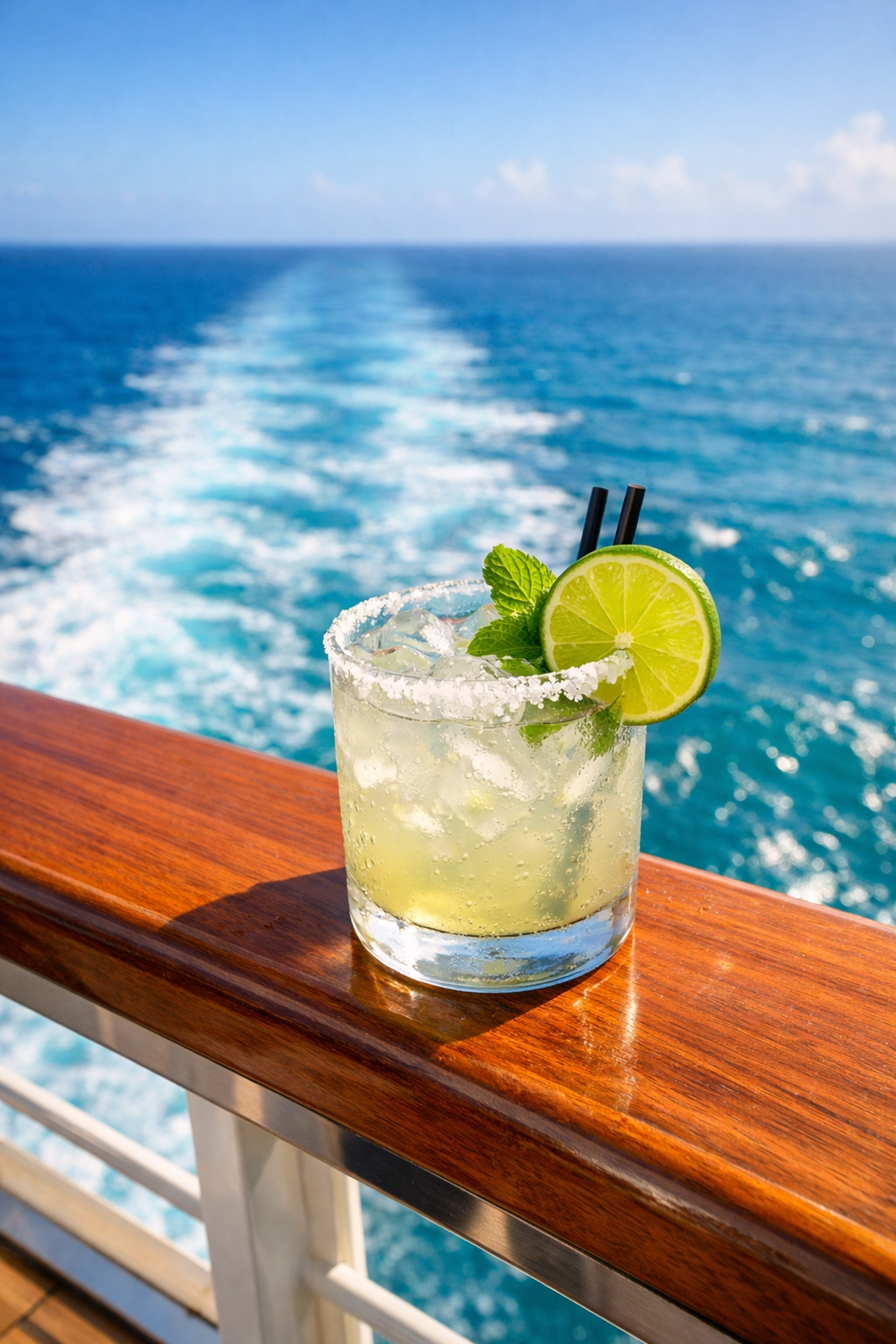 Tropical lime cocktail on a Margaritaville at Sea cruise balcony overlooking the Caribbean ocean.