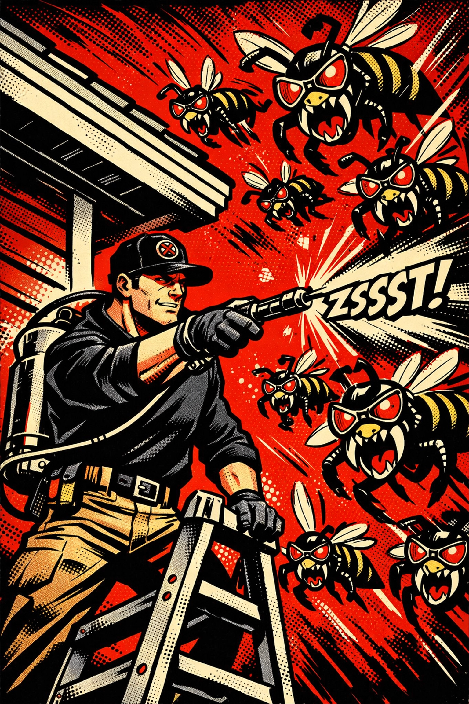 Heroic pest control technician fighting off spring wasps in a bold retro comic book style illustration.