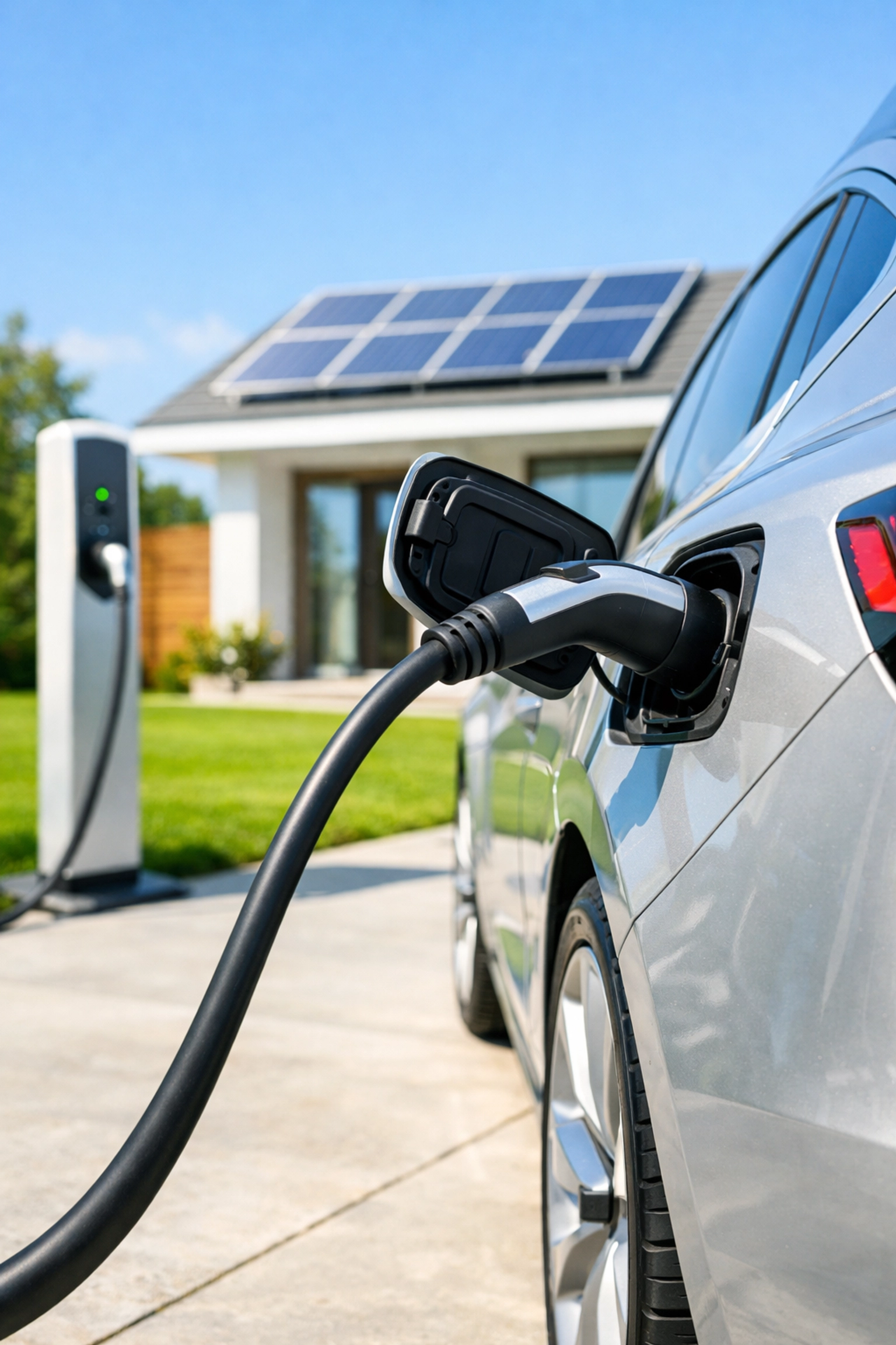Electric vehicle charging at a solar-powered home with an integrated EV charging station.