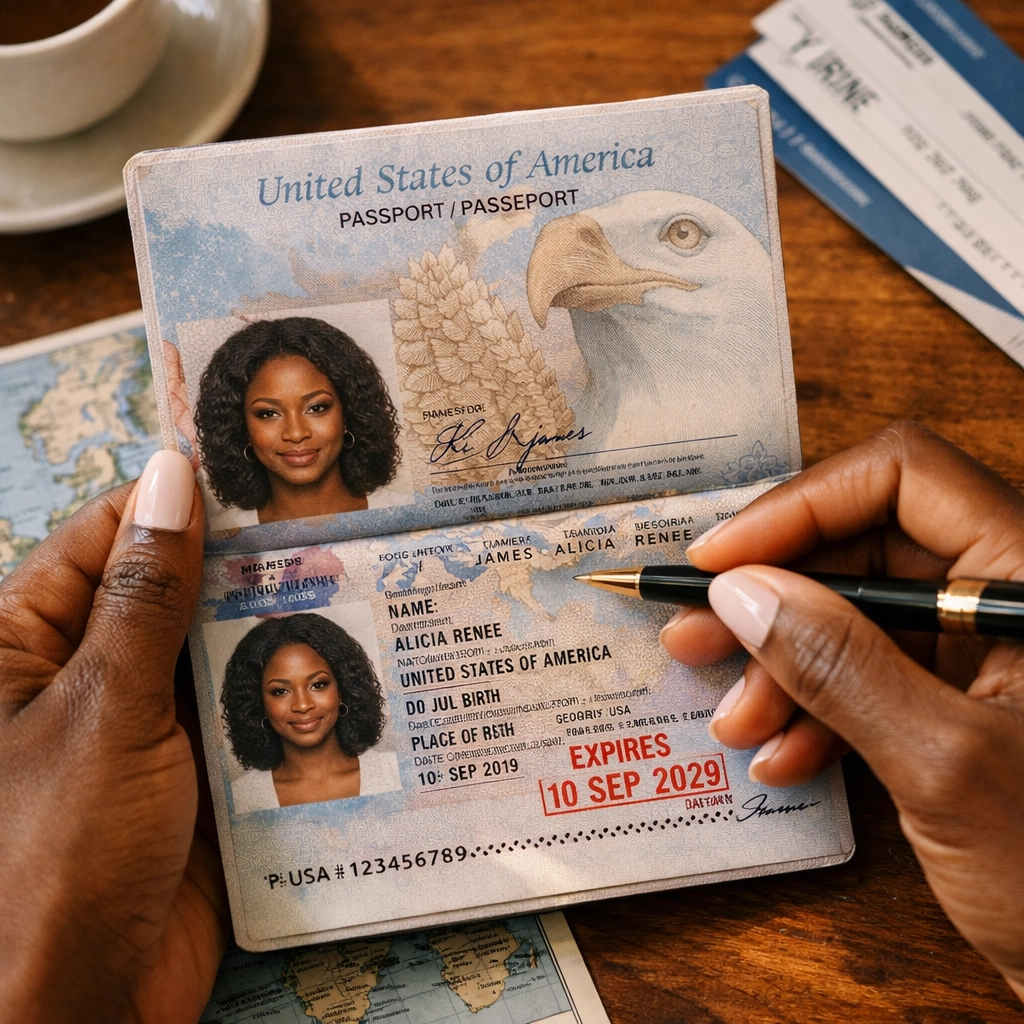 Traveler checking passport expiration date with world map for international travel planning