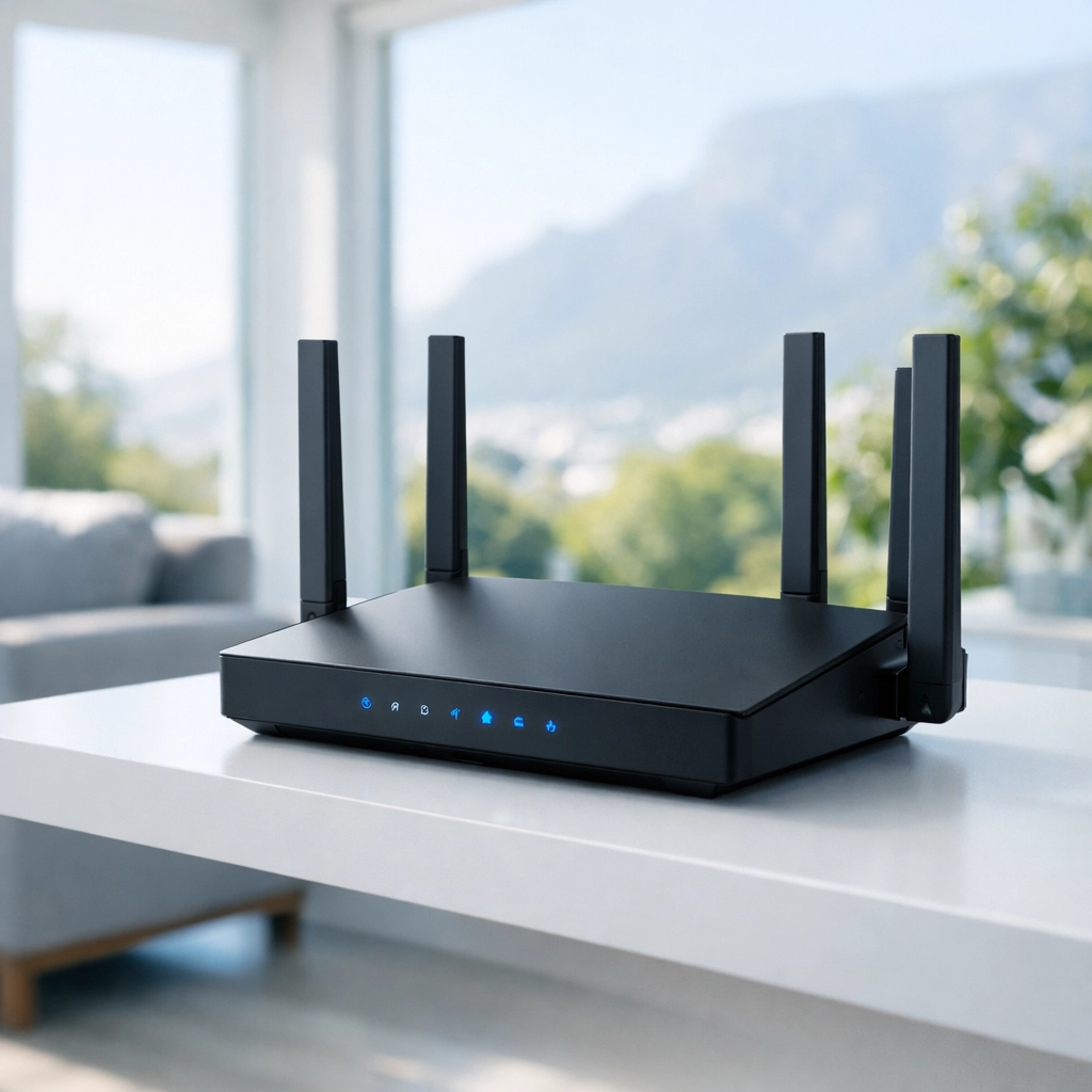 A professional matte-black secure router on a minimalist shelf in a modern home living room.