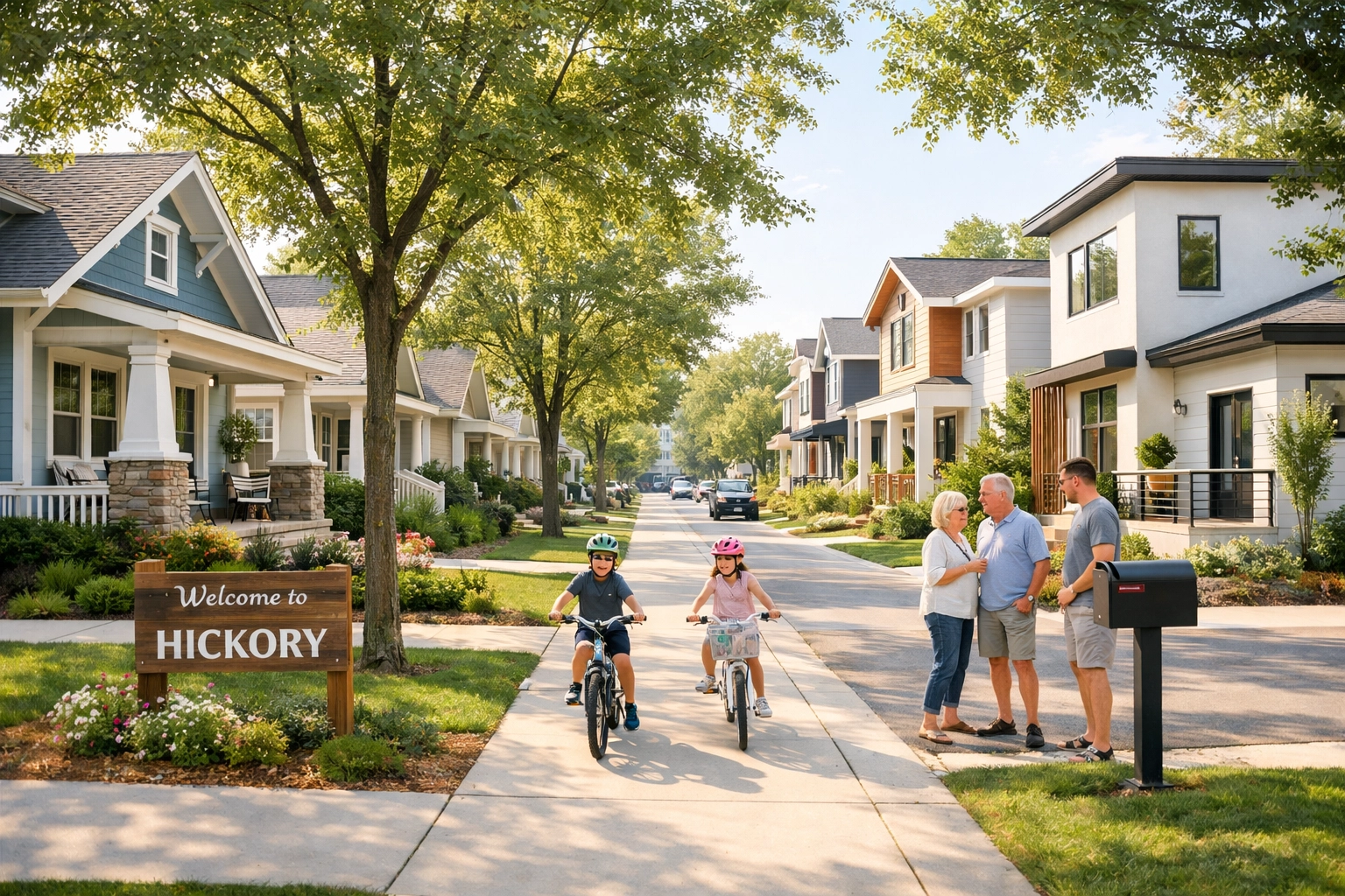 Diverse Hickory NC neighborhood featuring craftsman homes and modern houses on tree-lined street