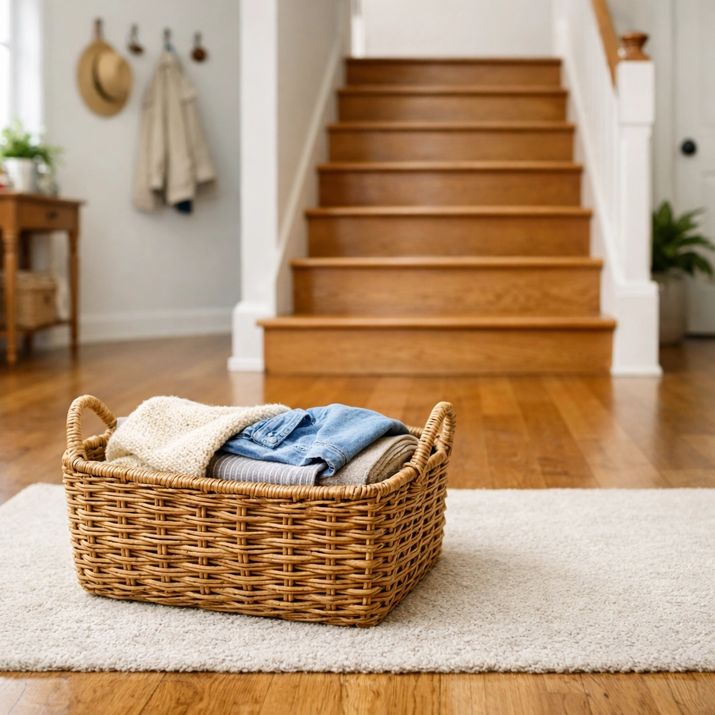 A clutter-free staircase and landing with a storage basket kept safely away from the steps.