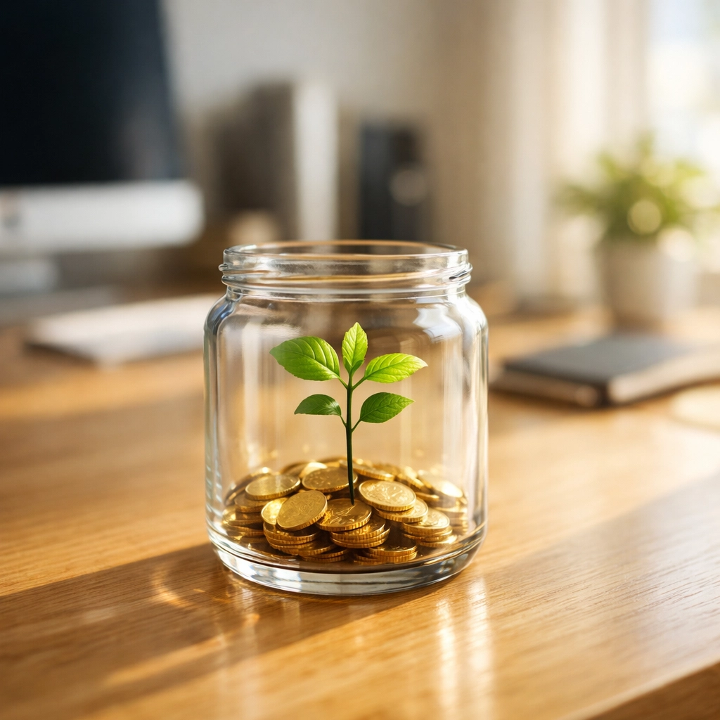 Green plant growing from gold coins in a jar, illustrating the compounding interest of saving and discipline.