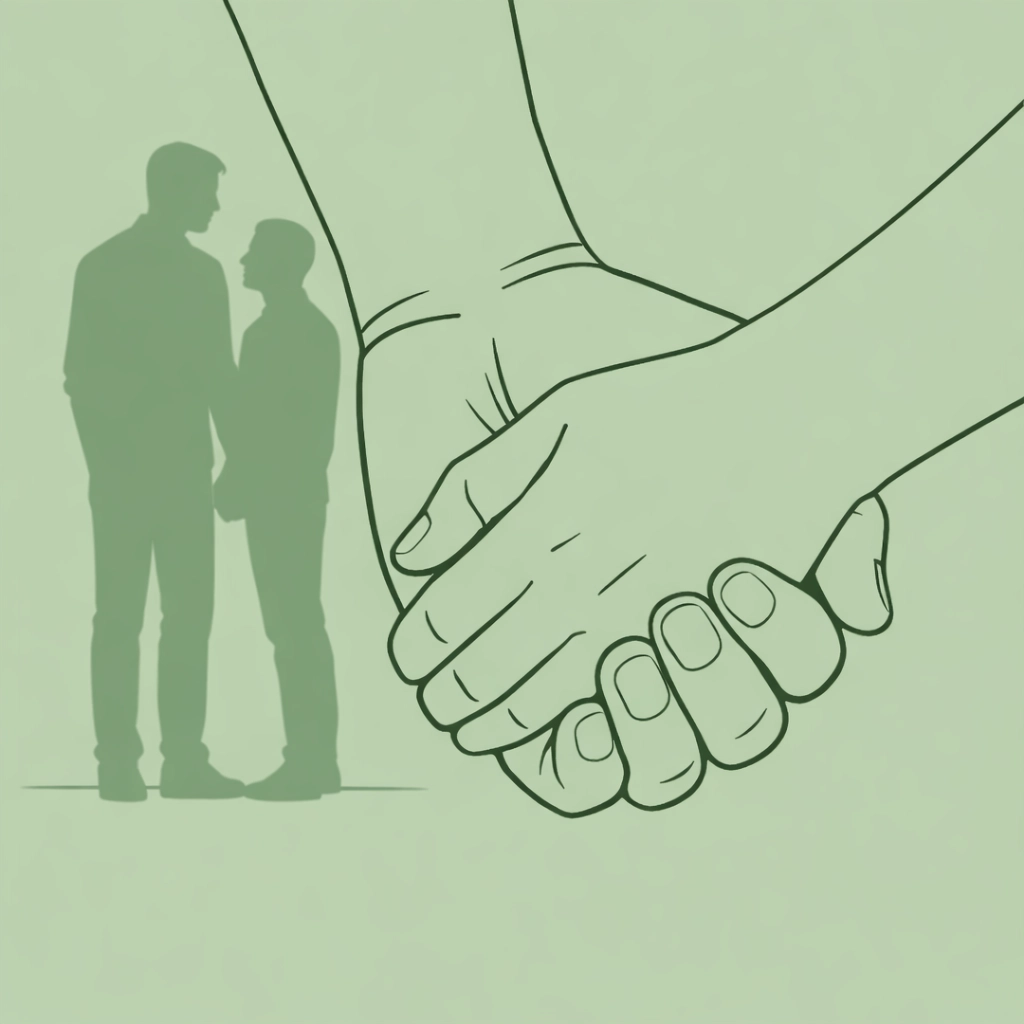 Size difference shown through hands held between MM romance partners of contrasting heights