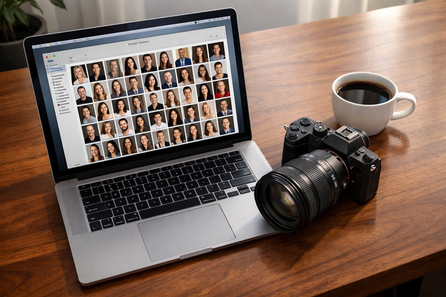 Photographer workspace with a laptop and camera, preparing to compress a full photo gallery with Pixel-Shrink.