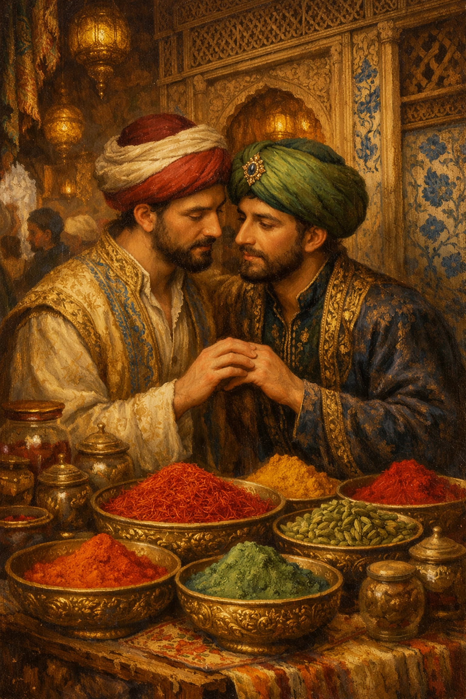 Ottoman-era men in an intimate moment at a Grand Bazaar spice stall, historical MM romance