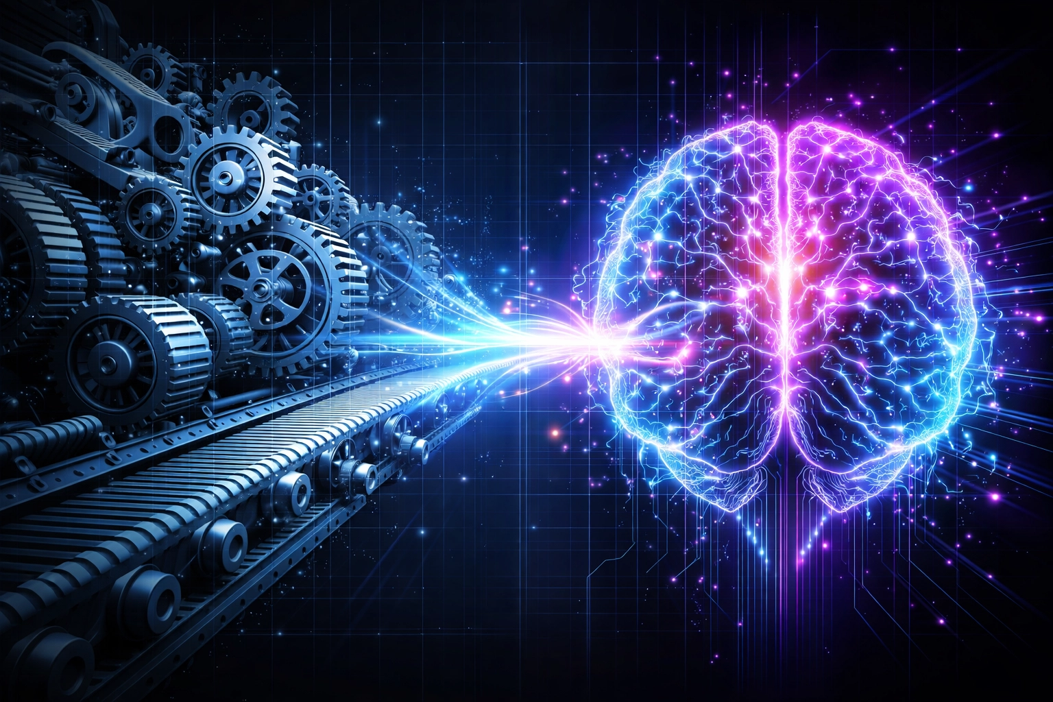 Visual fusion of classic automation gears and advanced AI neural networks, illustrating hybrid automation solutions.