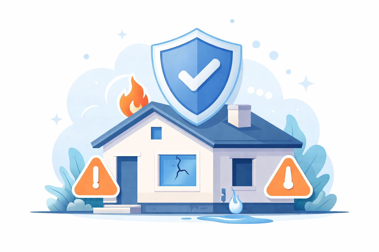 Illustration of a house at risk from fire, water, and damage, demonstrating the need for vacant property insurance