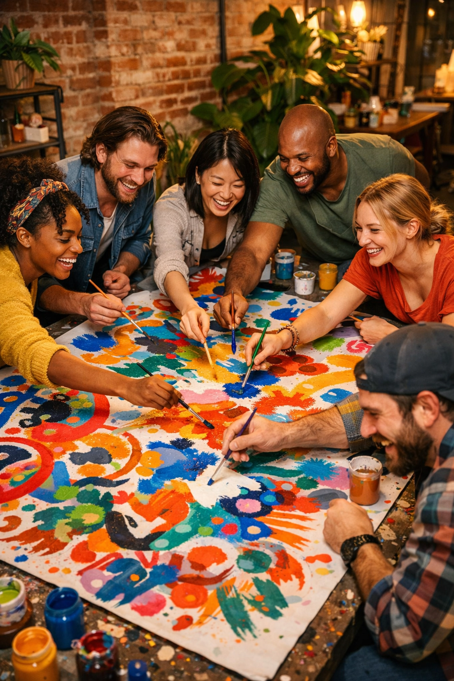 Diverse team members laughing and collaborating on a large mural during a team connection event.