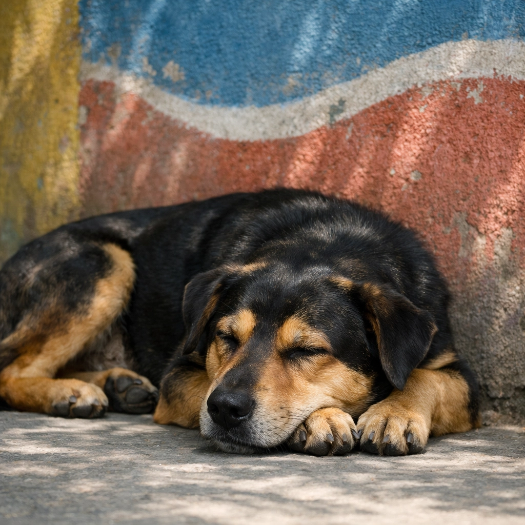 A relaxed and healthy street dog resting peacefully after successful humane population control.