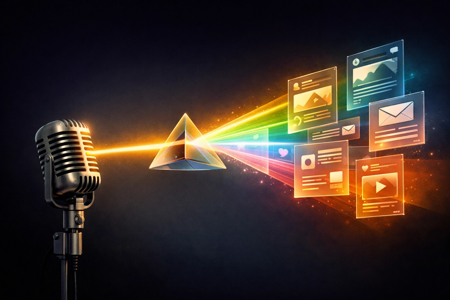 Vintage microphone with light refracting into content streams, showing AI podcast content automation.