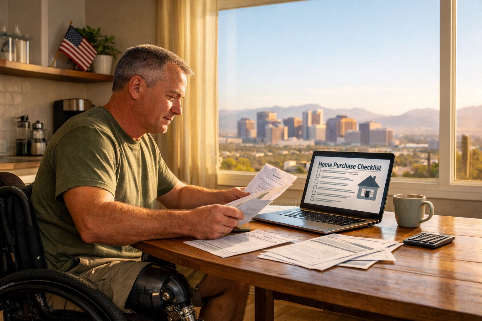 Disabled veteran reviewing VA benefit paperwork and a homebuying checklist on a laptop in Phoenix, Arizona. Disabled veteran reviewing VA benefit paperwork and a homebuying checklist on a laptop in Phoenix, Arizona.