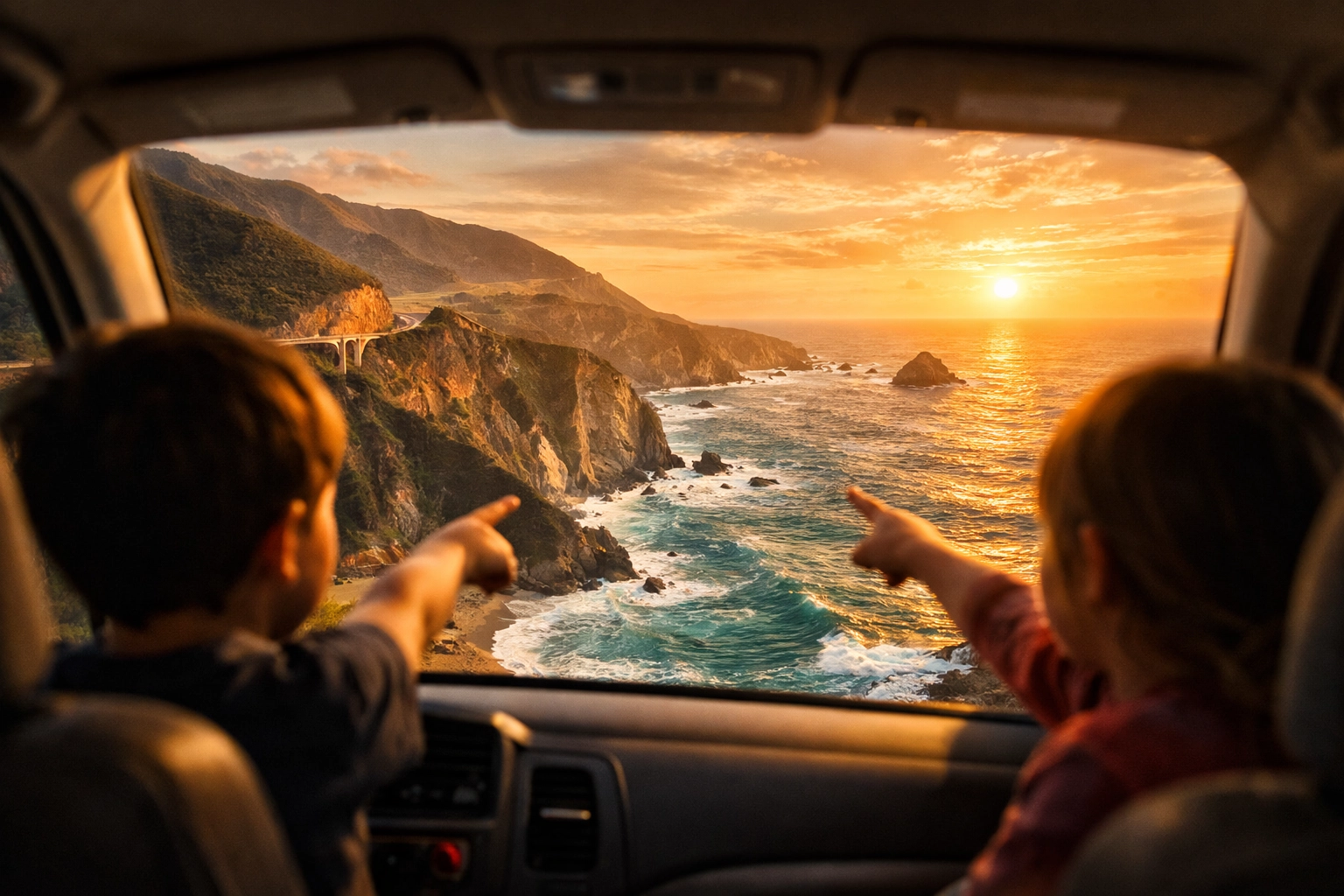 Kids spotting scenic photo spots along the Big Sur coast during a family road trip.