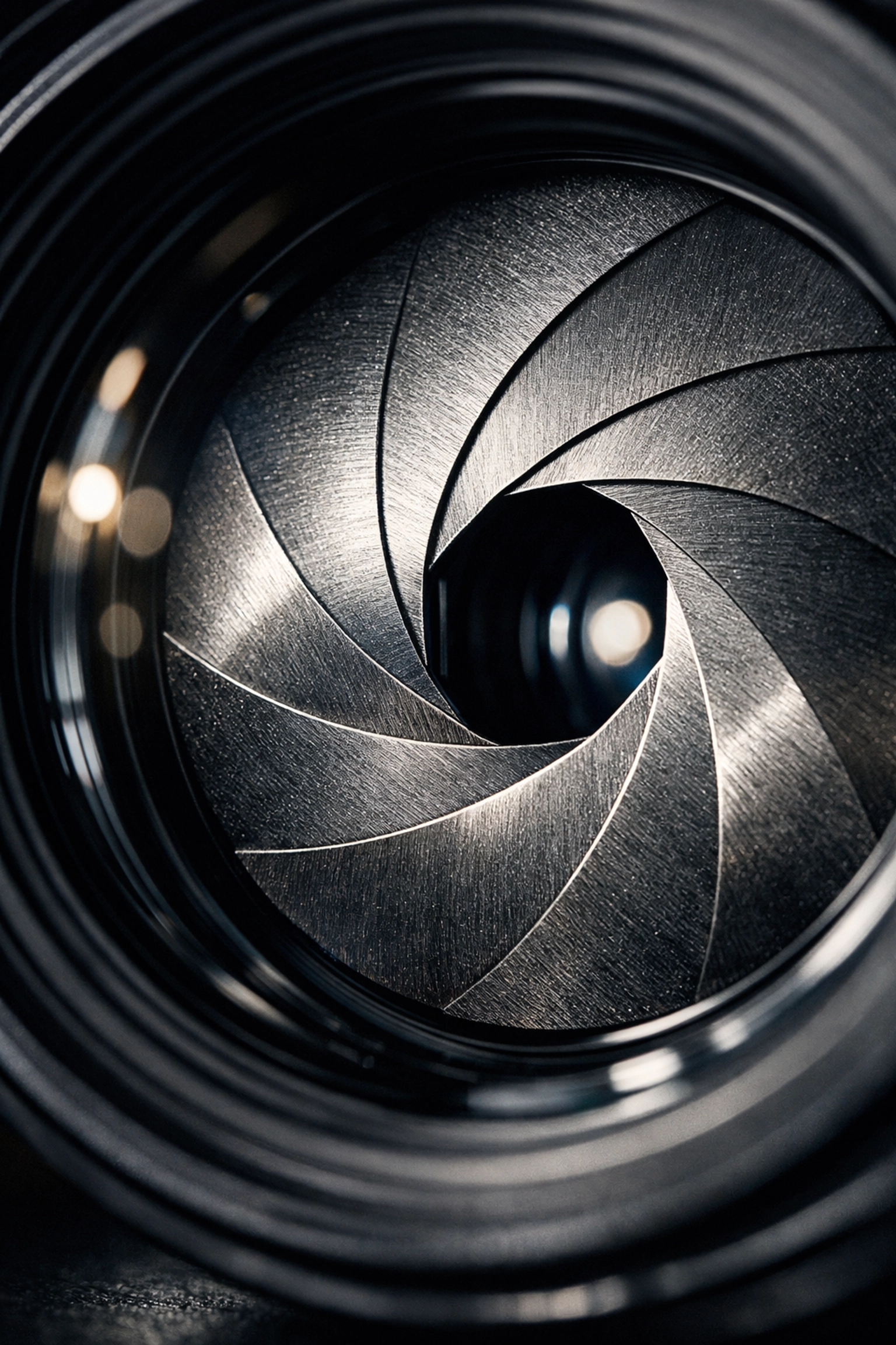 Close-up of camera lens aperture blades explaining manual mode settings in photography tutorials.