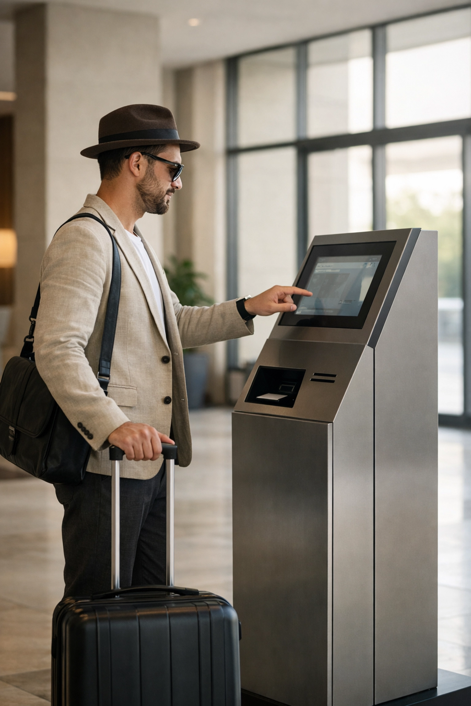 A hotel guest using a self-check-in kiosk for a fast and frictionless arrival experience.