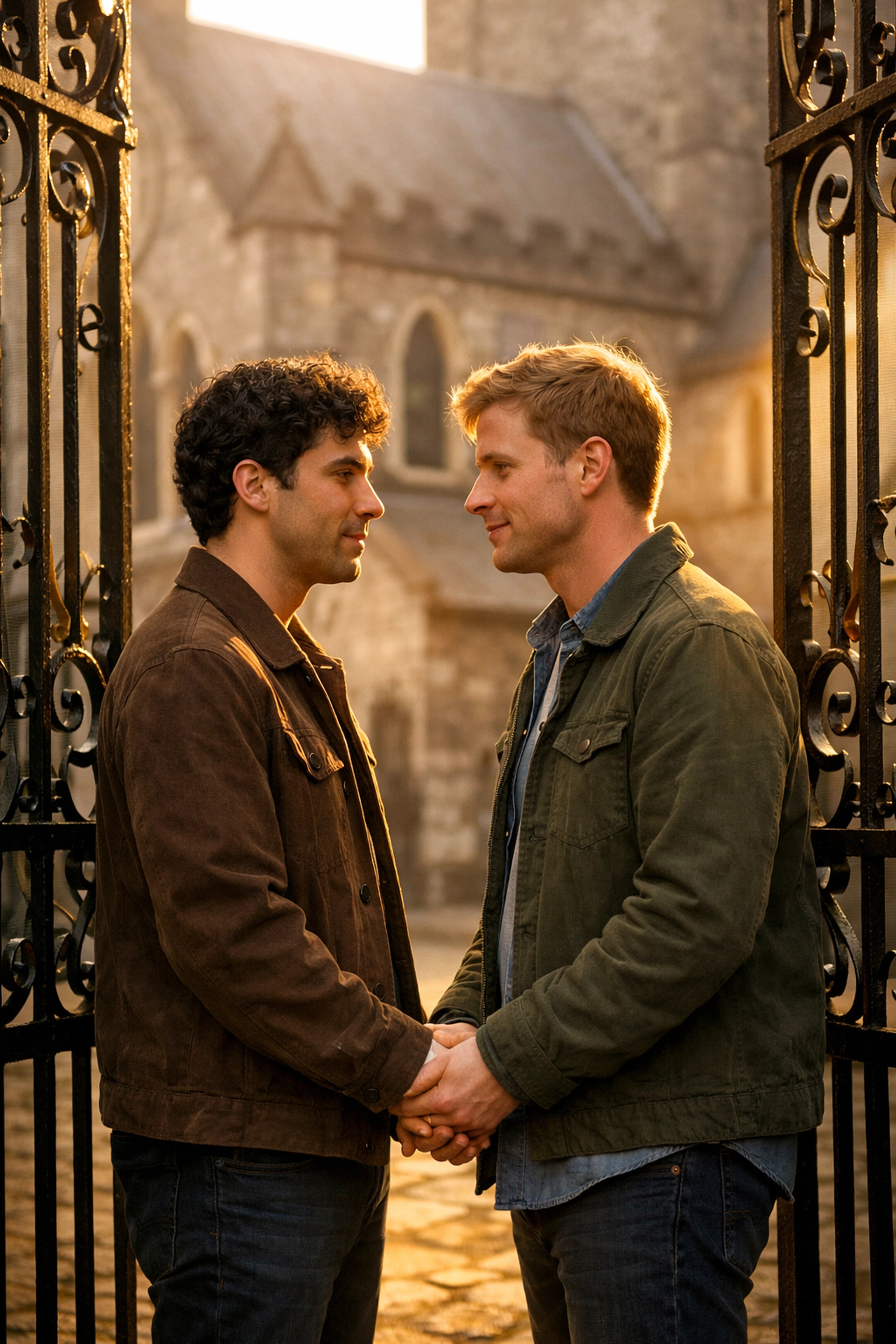 Gay couple holds hands at Dublin church gates returning for blessing ceremony