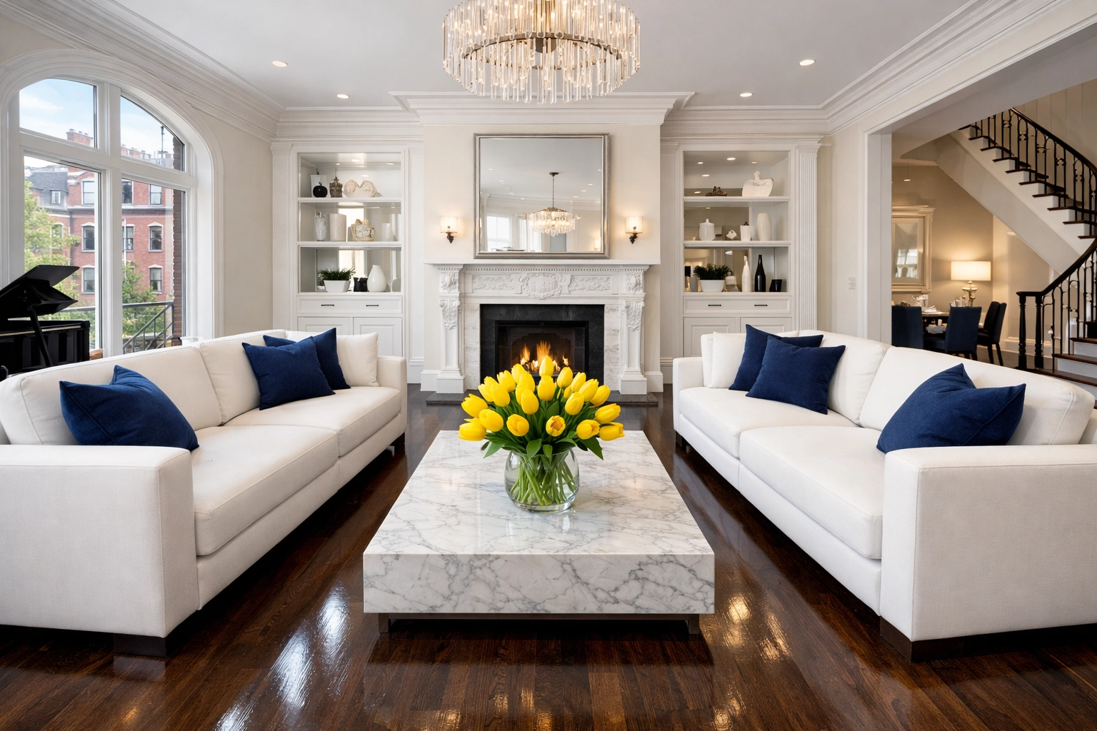 Spotless Boston brownstone living room prepared by professional cleaners for hire for a real estate walkthrough.