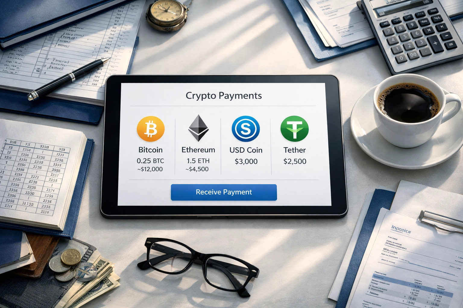 Streamlined crypto POS dashboard showing Bitcoin, Ethereum, and stablecoin payment options for merchants
