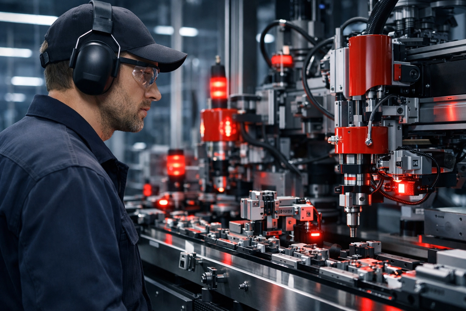 Technician monitoring a precision assembly line in a modern manufacturing facility during industrial exchange.