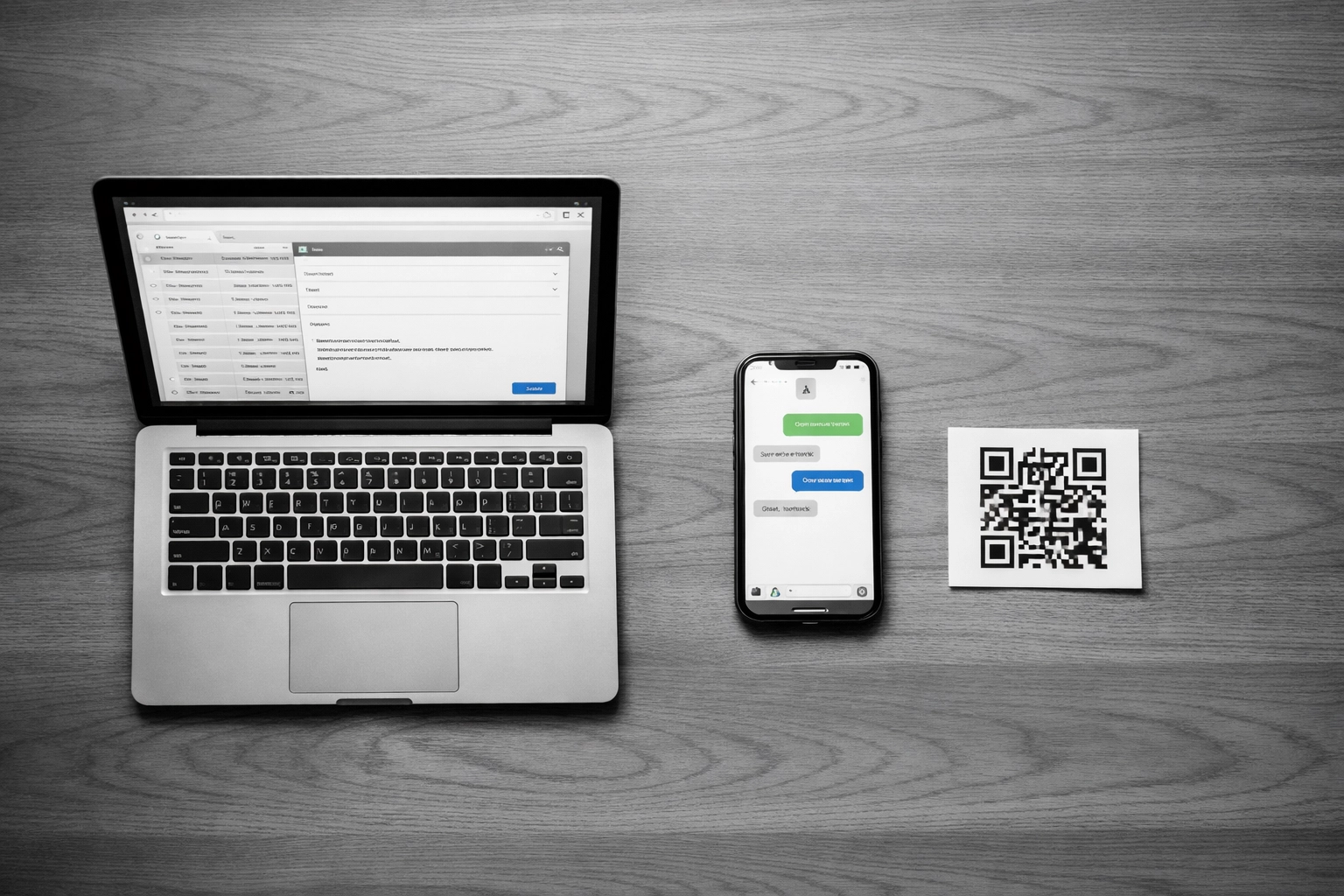 Multi-channel review request system showing email, SMS, and QR code on desk
