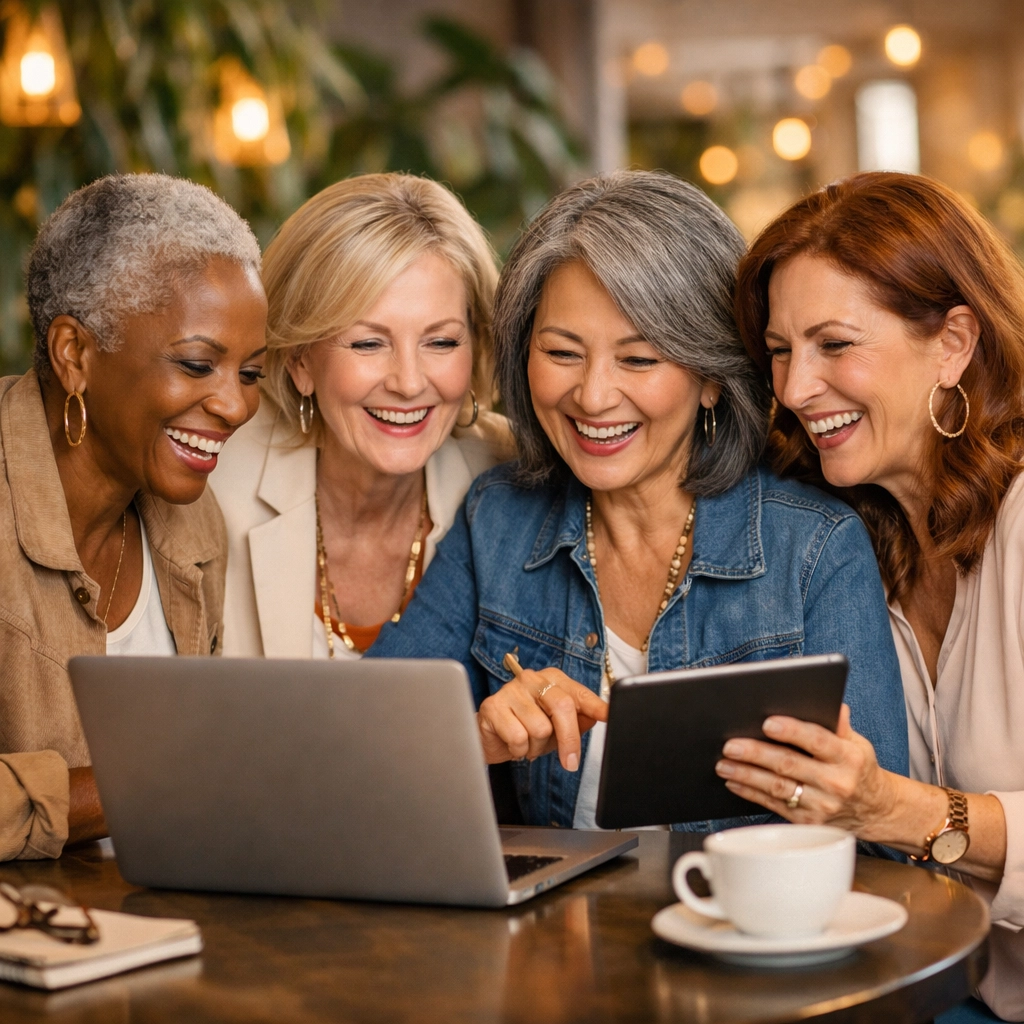 Diverse group of women over 50 collaborating on side hustles, representing a supportive reselling community.