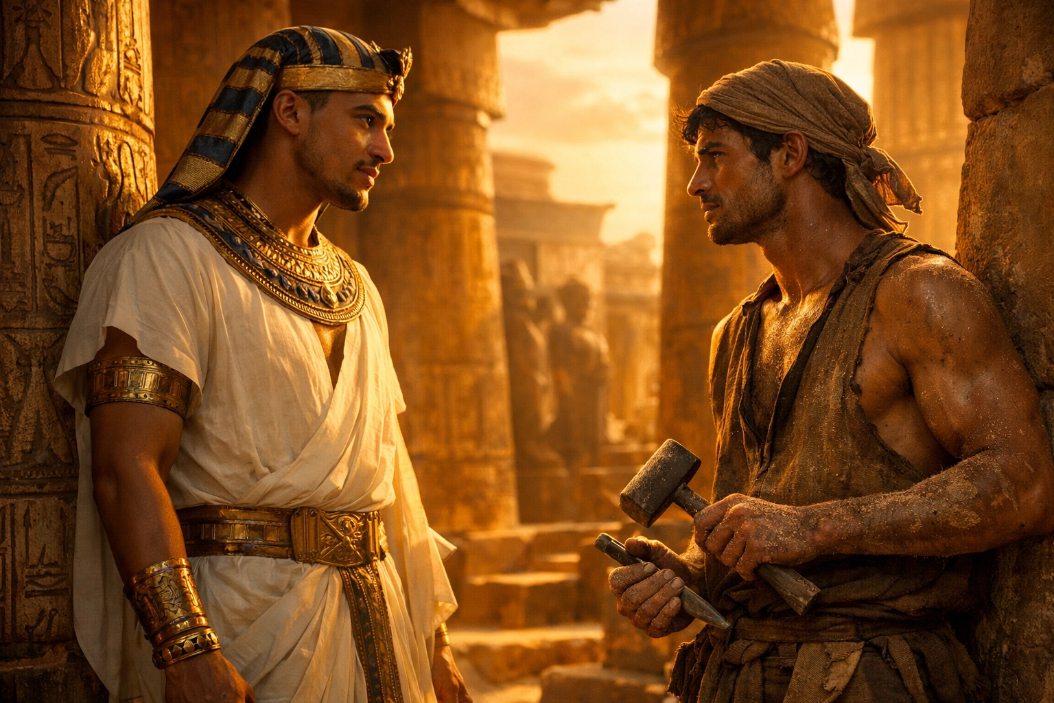 Egyptian priest and stonemason share moment in ancient temple - gay historical love story